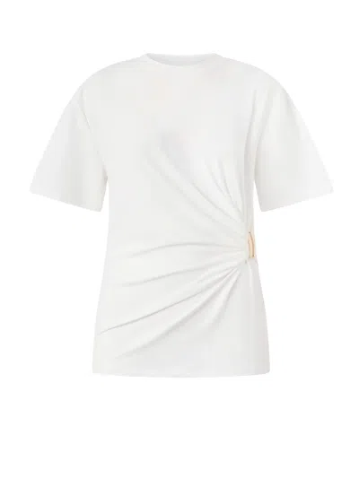 Pinko T Shirt With Draping And Gold Detail In White