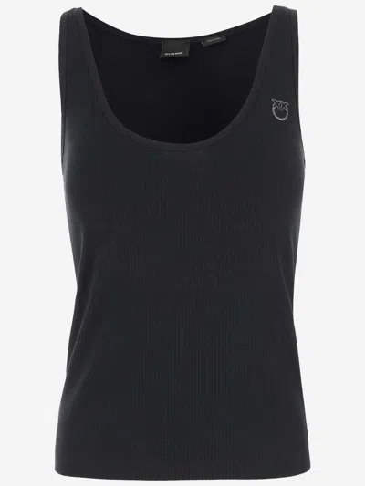 Pinko Cotton Blend Top With Logo In Nero Limousine