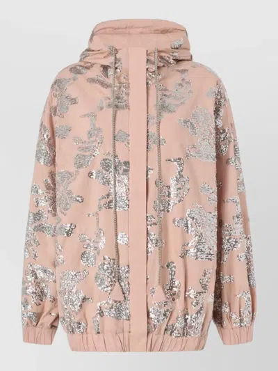 Pinko Hood Jacket Elasticated Hem Cuffs Sequins In Pink