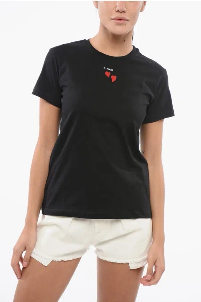 Pinko Cotton Crew-neck Trapani T-shirt With Contrasting Hearts In Black