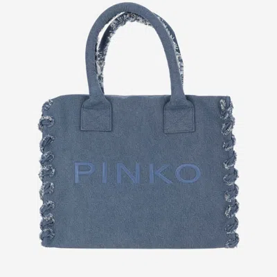 Pinko Cotton Denim Tote Bag With Logo In Denim Blu-antique Gold