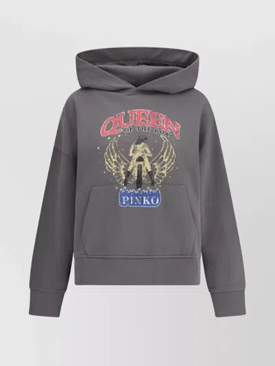 Pinko Cotton Hoodie Biker Print In Grey