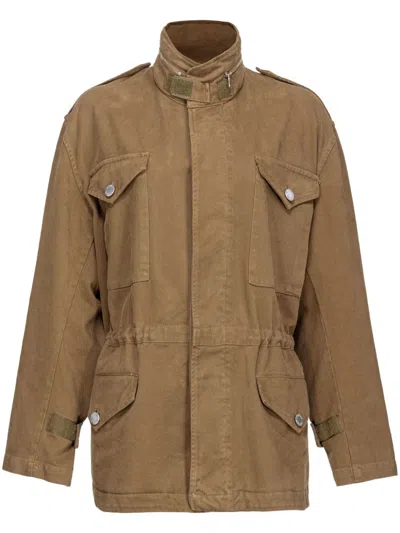 Pinko Cotton Overshirt High-neck Jacket In Brown