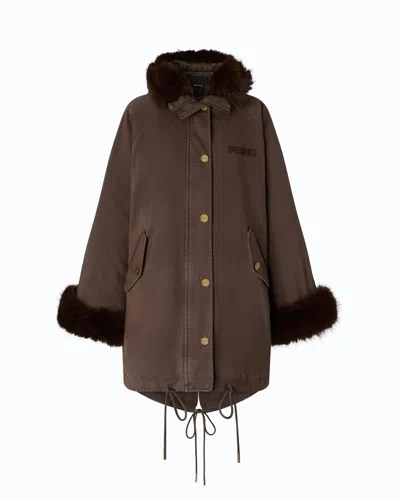 Pinko Faux-fur-trim Hooded Coat In Brown