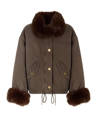 Pinko Cotton Pea Coat With Faux Fur Details In Brown
