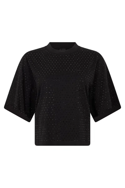 Pinko Cropped Cotton T-shirt Round Neck Rhinestones In Black