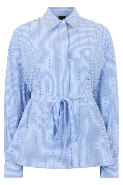 Pinko Cotton Shirt With Rhinestones In Blue