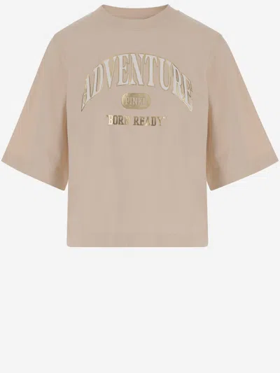 Pinko Cotton T-shirt With Logo Print In Beige