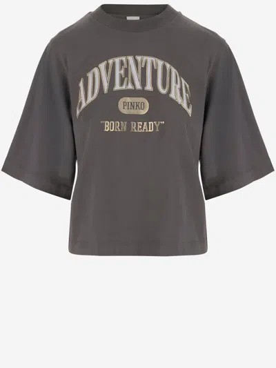 Pinko Cotton T-shirt With Logo Print In Marrone Scuro