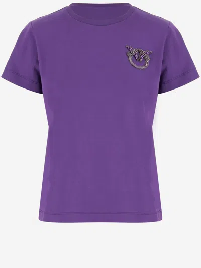 Pinko Cotton T-shirt With Love Birds Jewel Embroidery In Purple