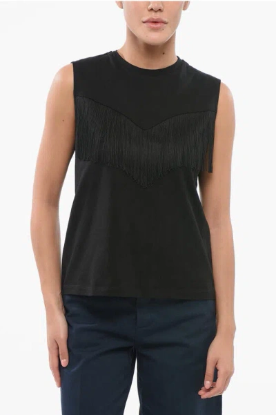 Pinko Cotton Tank Top With Fringes In Black