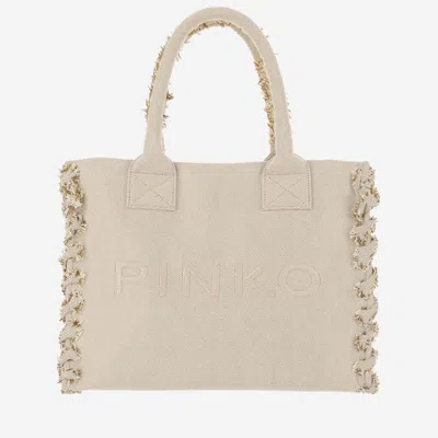 Pinko Cotton Tote Bag With Logo In Sabbia Ecru