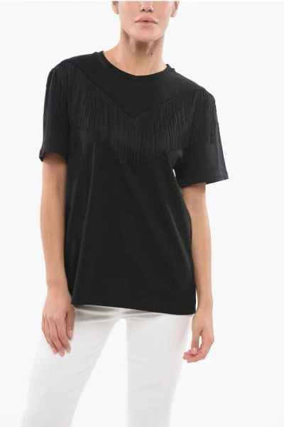 Pinko Cotton Under World Crew-neck T-shirt With Fringes In Black