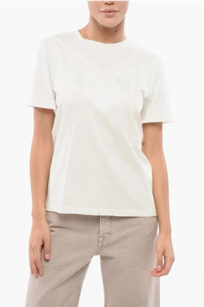 Pinko Cotton Under World Crew-neck T-shirt With Fringes In White