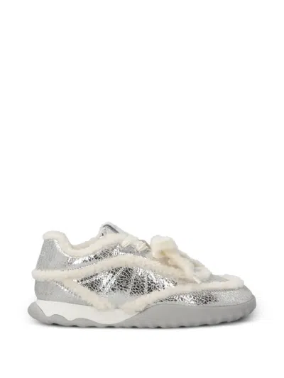 Pinko Cracked-effect Shearling-trim Sneakers In Silver