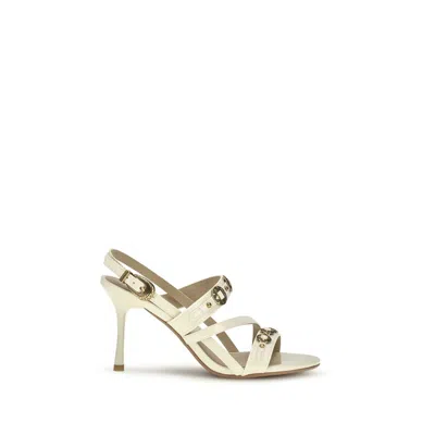Pinko Cream Calf Leather Bos Taurus Stiletto Heel Sandals In Gold