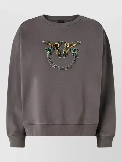 Pinko Crew Neck Embellished Knit Long Sleeve Top In Gray