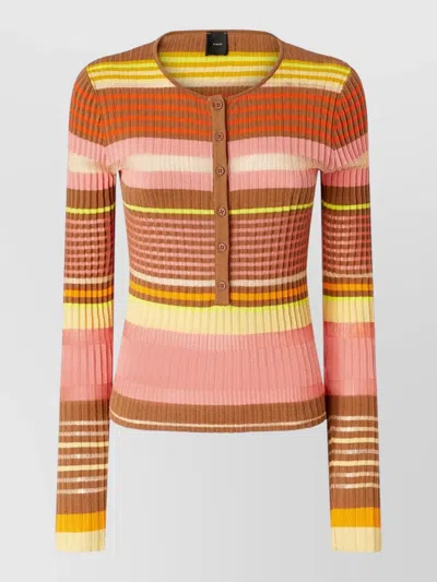Pinko Crew Neck Striped Ribbed Knit Cardigan Top In Multi