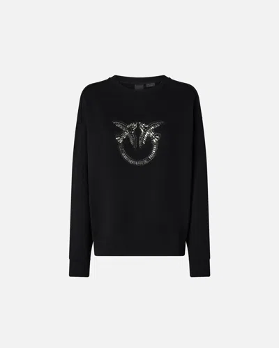 Pinko Crew Neck Sweatshirt With Love Birds Jewel Embroidery In Limo Black