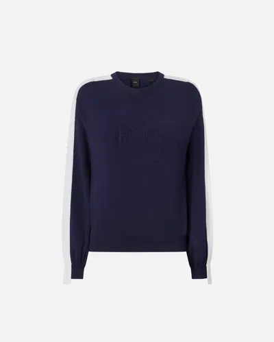 Pinko Crew-neck Sweatshirt With Wide Sleeves And Raised Logo In Blue/white