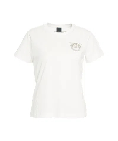 Pinko Crew Neck T-shirt With Crystal Swallow Appliqué In White