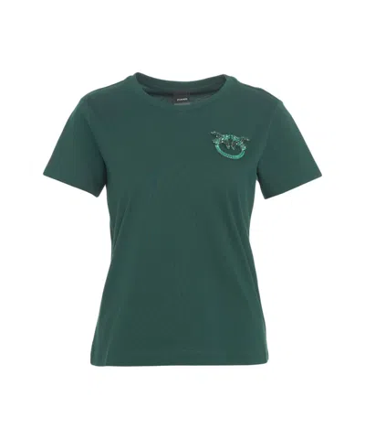 Pinko Crew Neck T-shirt With Love Swallows Appliqué In Green