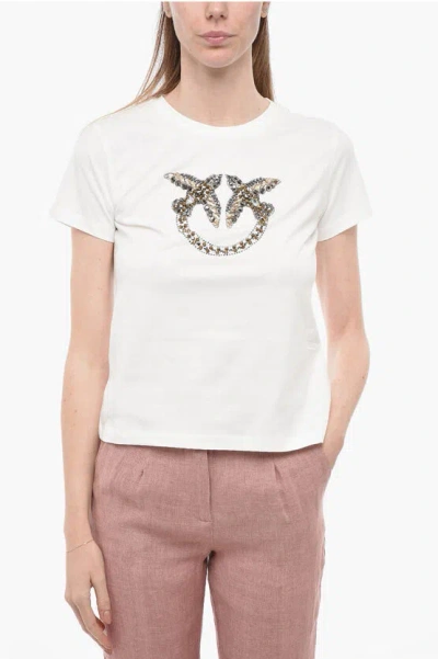 Pinko Crew-neck T-shirt With Rhinestone And Studded In White