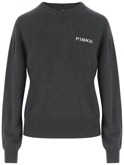 Pinko Crew Neck Wool Sweater With Contrasting Logo Details In Gray