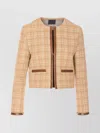 Pinko Crewneck Checked Pattern Leather Trim Jacket