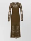 Pinko 'ortles' Green Crewneck Long Dress With Fishnet Design And All-over Floral Embroidery
