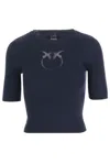 Pinko Crewneck Embroidered Tritone Ribbed Short Sleeves Sweater In Blue