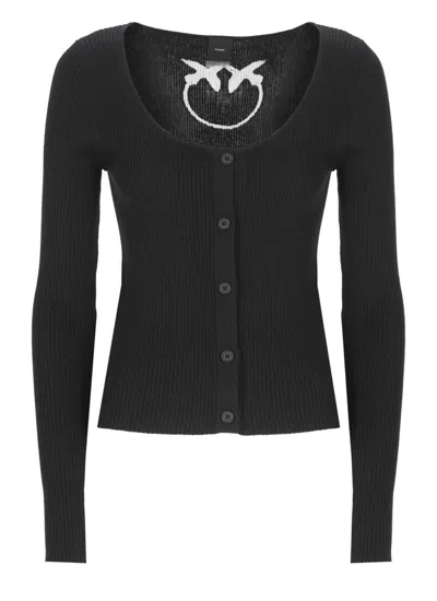 Pinko Crewneck Ribbed Cropped Cardigan In Black