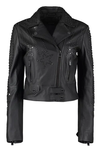 PINKO CRISTOFORO LEATHER BIKER JACKET WITH STUDS