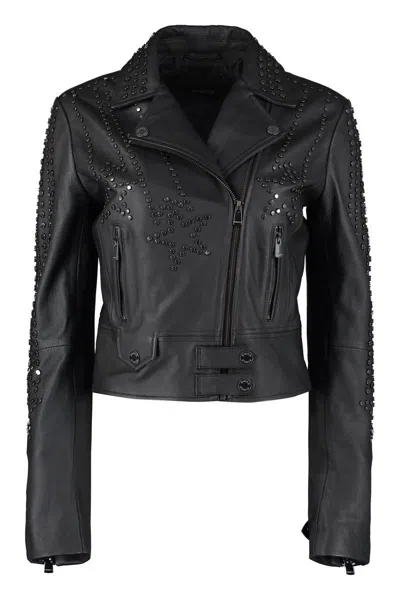 Pinko Cristoforo Leather Biker Jacket With Studs In Black