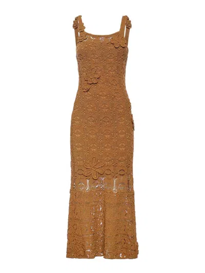 Pinko Crochet Midi Dress With Floral Appliques In Brown