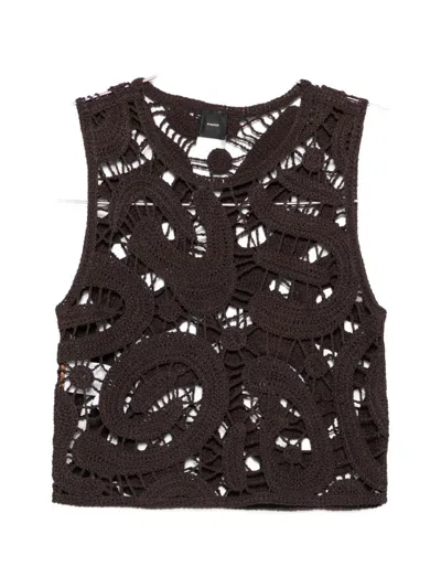 Pinko Cropped Sleeveless Top With Intricate Geometric Crochet Design In Black