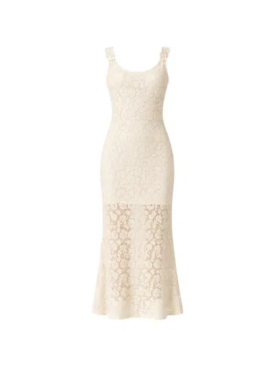 Pinko Crochet-knit Floral-appliqué Midi Dress In Neutral