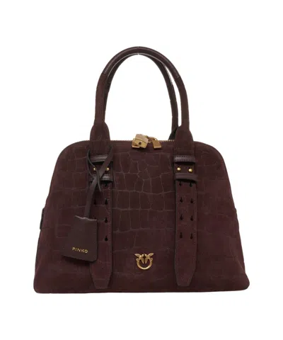 Pinko Crocodile Embossed Suede Handbag In Black