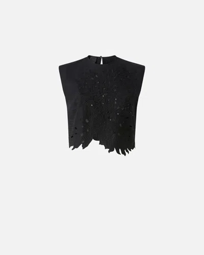 Pinko Crop Top With Openwork Embroidery And Crystals In Limo Black