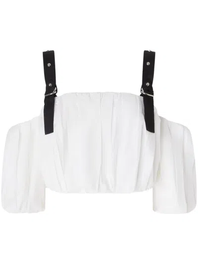 Pinko Cropped Beige Top With Puff Sleeves And Adjustable Straps In White