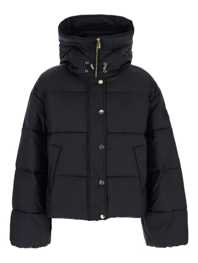 PINKO PINKO CROPPED BLACK COAT WITH HOODED NECKLINE AND EMBROIDERED LOGO