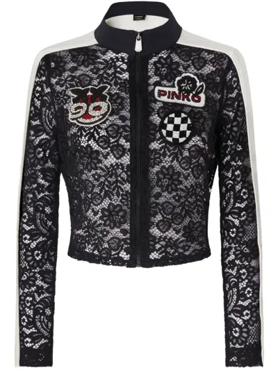 Pinko Cropped Black Lace Top With Contrasting Sleeves