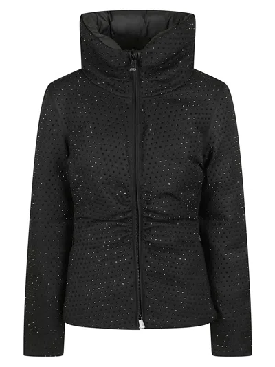 PINKO CROPPED BLACK RHINESTONE-EMBELLISHED DOWN JACKET WITH HIGH COLLAR