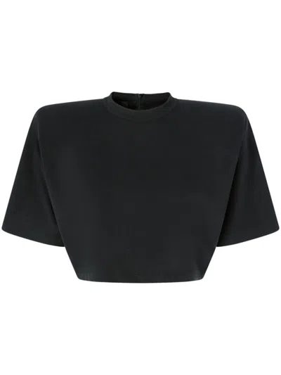 PINKO PINKO CROPPED BLACK T-SHIRT WITH HIGH NECKLINE