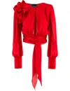Pinko Cropped Blouse With Ruched Texture And Floral Appliqué