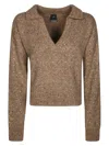 Pinko V-neck Lurex Knit Polo With Long Sleeves In Brown