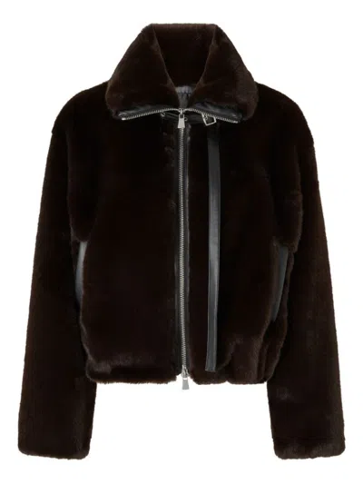 PINKO CROPPED BROWN COAT WITH FAUX FUR TEXTURE