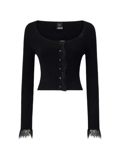 Pinko Cropped Cardigan In Silk And Cashmere Blend With Lace In Black