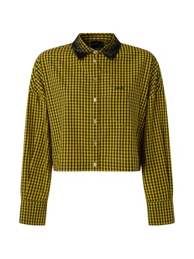 Pinko Cropped Check Shirt With Jewel Collar In Yellow