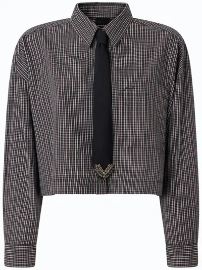 Pinko Cropped Checkered Shirt With Classic Collar And Decorative Tie In Gray